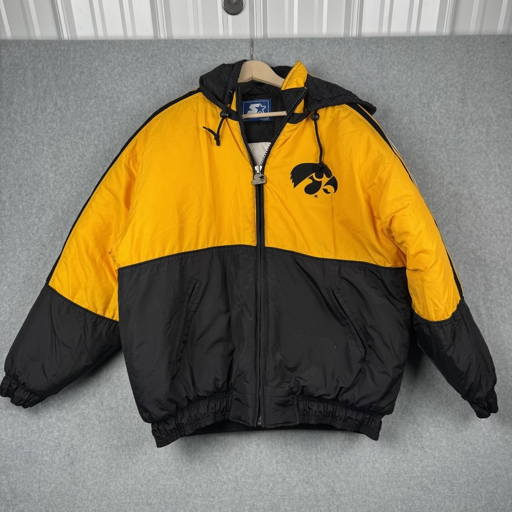 Vintage Starter Jacket Mens Large Iowa Hawkeyes Gold Black Hooded Puffer NCAA